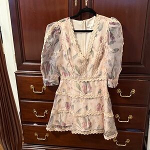 Floral Lace Trim Mini Dress in Blush and Pastel Florals